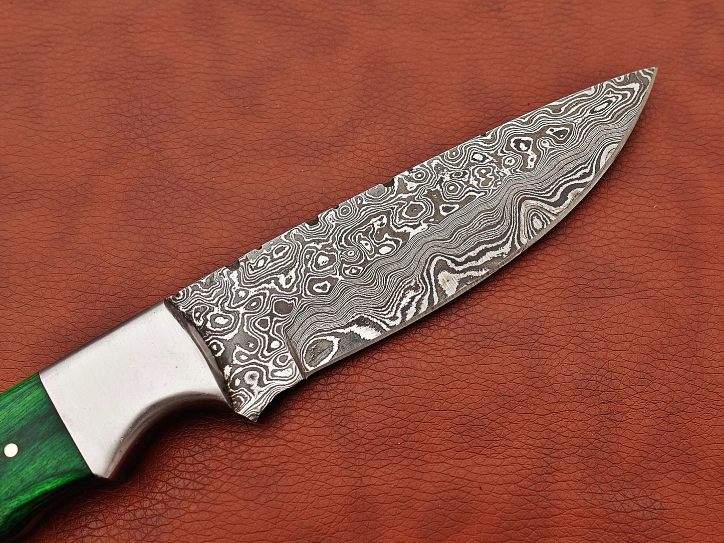 9.5" skinning knife, 5" full tang Rain drop pattern straight back Damascus steel blade, Available in 4 colors, includes Cow hide Leather sheath