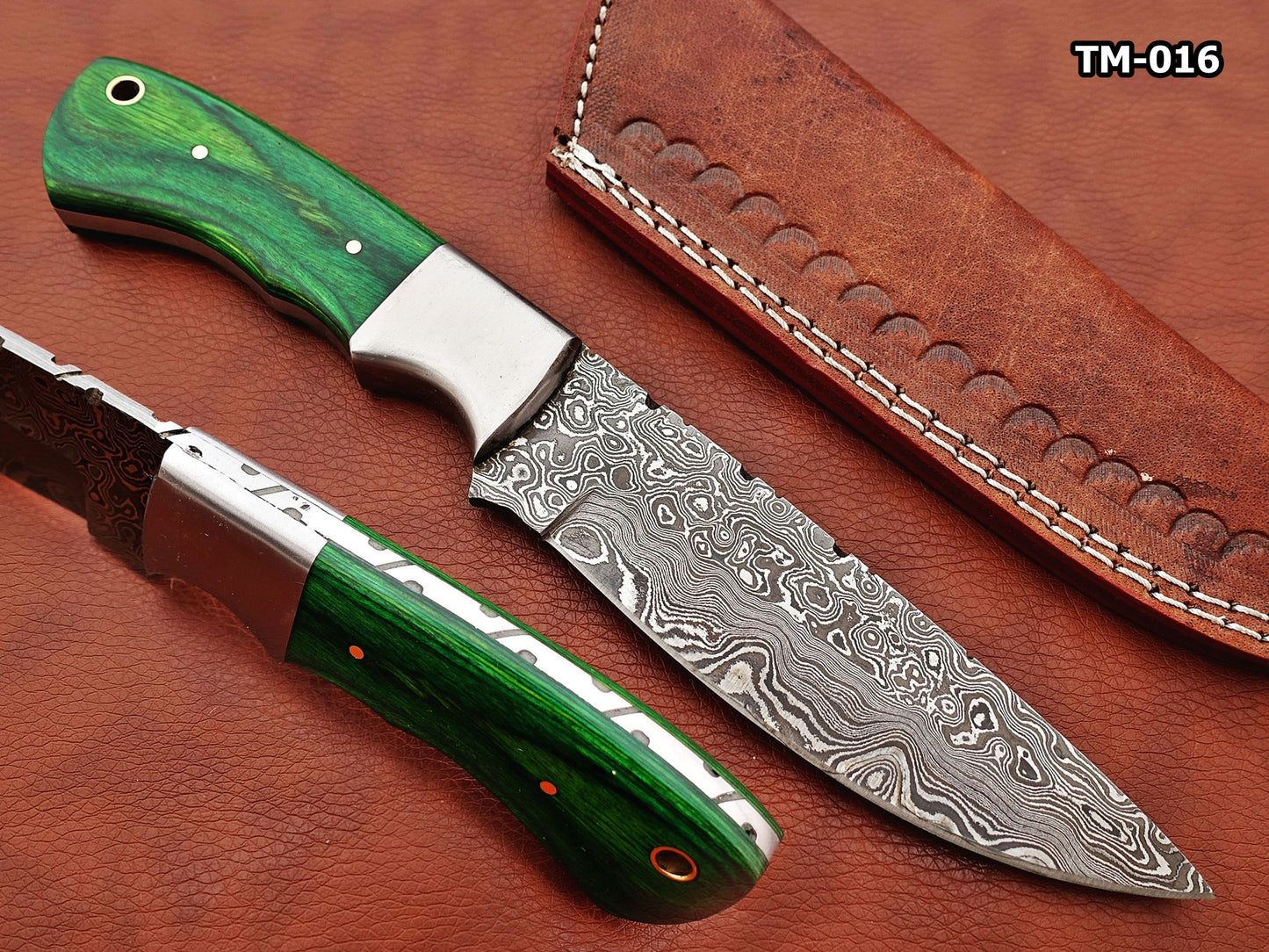 9.5" skinning knife, 5" full tang Rain drop pattern straight back Damascus steel blade, Available in 4 colors, includes Cow hide Leather sheath