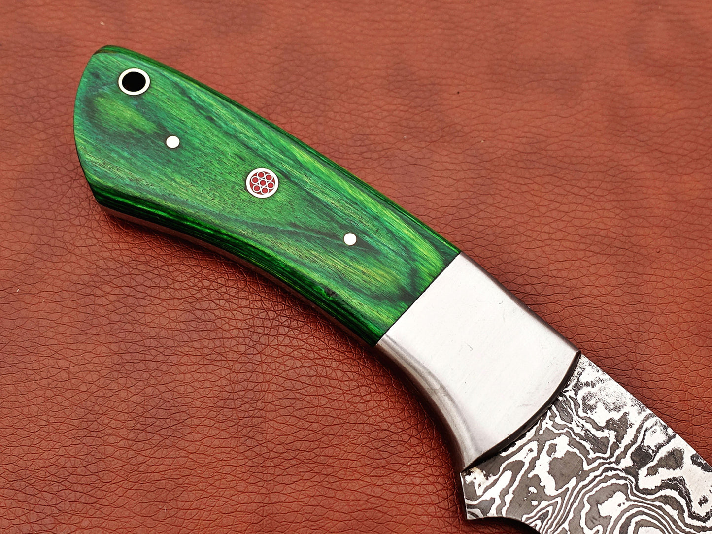 9.5" long Damascus steel Gut hook skinning knife, Full tang Rain drop pattern blade, available in 4 colors, includes Cow hide Leather sheath