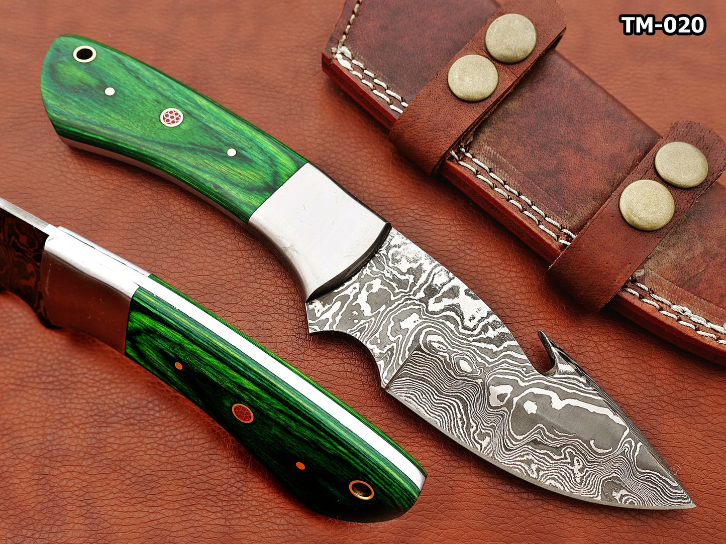 9.5" long Damascus steel Gut hook skinning knife, Full tang Rain drop pattern blade, available in 4 colors, includes Cow hide Leather sheath