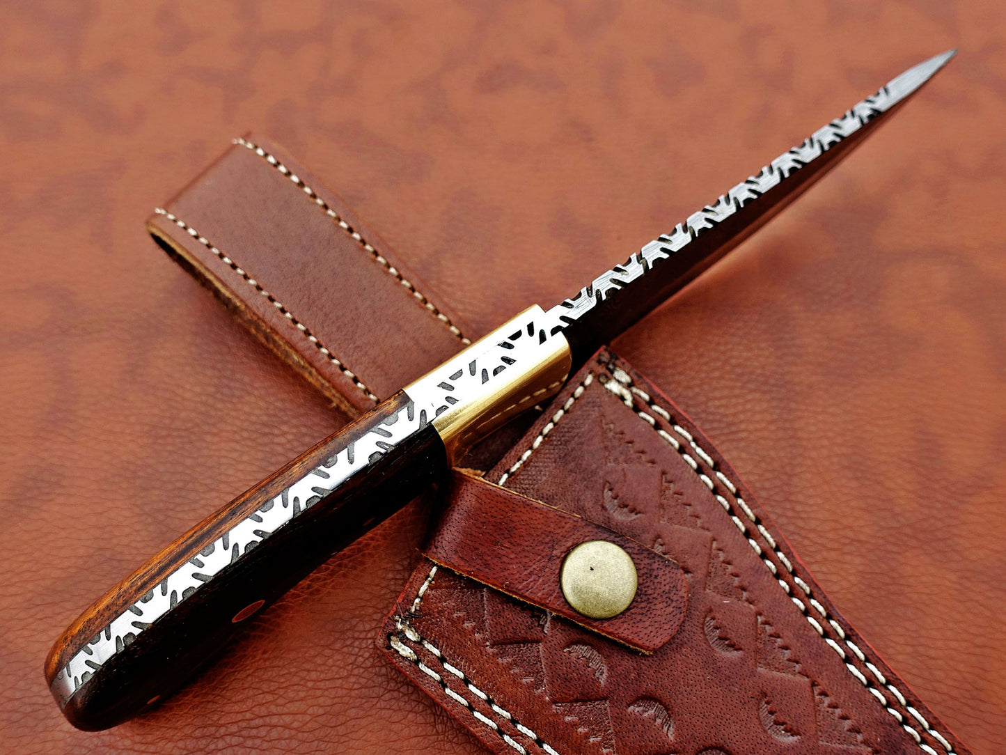 Damascus steel Rain drop pattern straight back blade 9.5" skinning knife, 5" full tang, Available in 4 colors, includes Cow hide Leather sheath