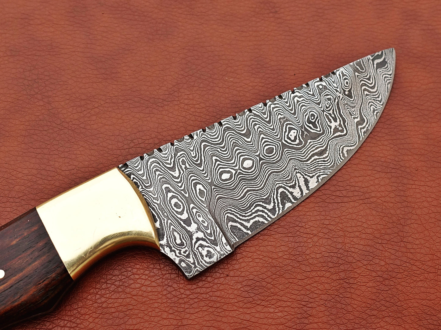Damascus steel Rain drop pattern straight back blade 9.5" skinning knife, 5" full tang, Available in 4 colors, includes Cow hide Leather sheath