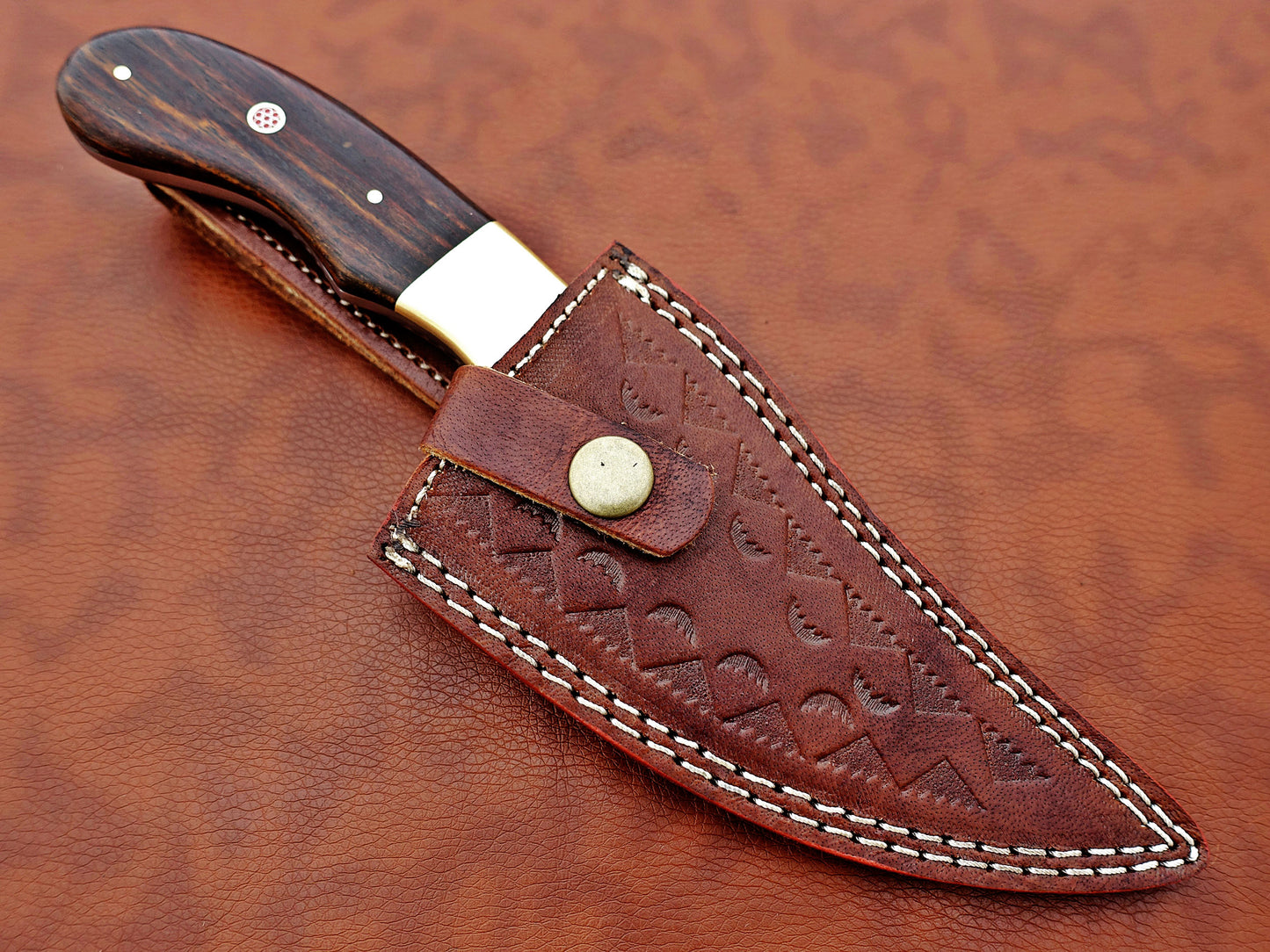Damascus steel Rain drop pattern straight back blade 9.5" skinning knife, 5" full tang, Available in 4 colors, includes Cow hide Leather sheath