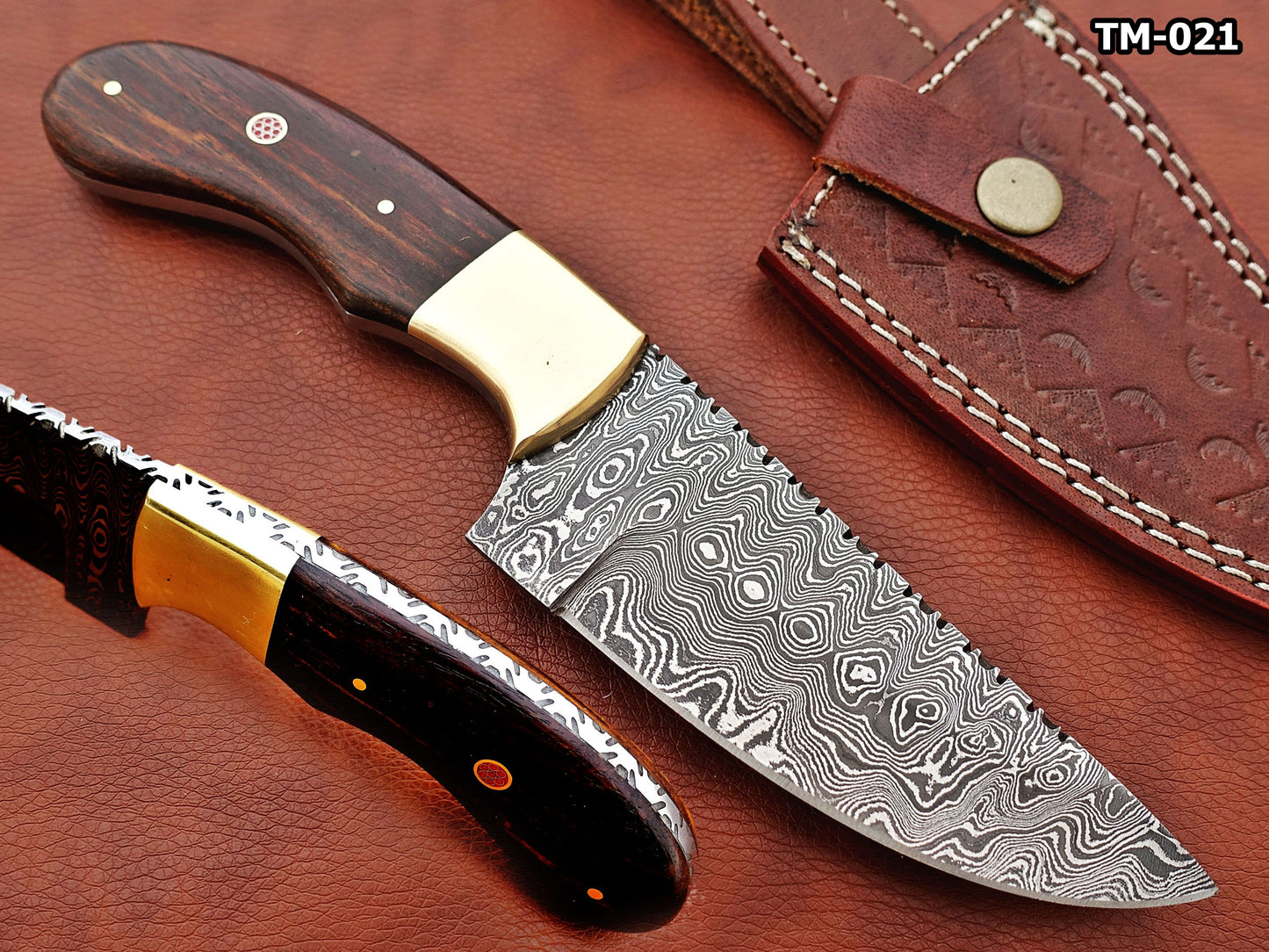 Damascus steel Rain drop pattern straight back blade 9.5" skinning knife, 5" full tang, Available in 4 colors, includes Cow hide Leather sheath