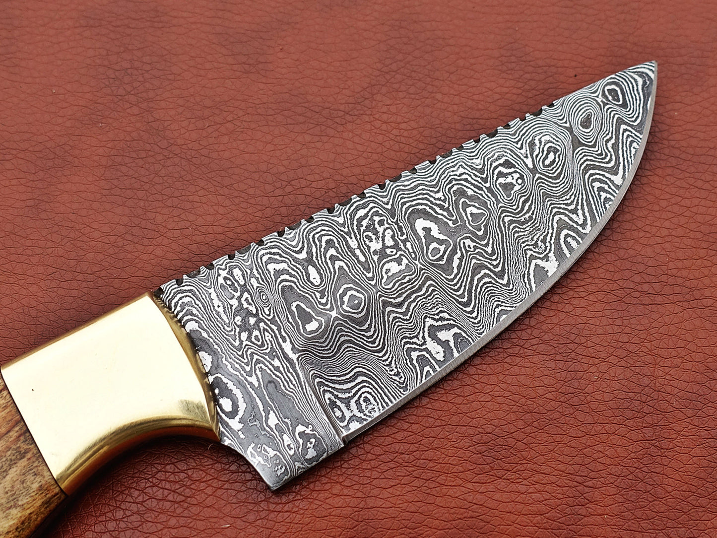 Damascus steel Rain drop pattern straight back blade 9.5" skinning knife, 5" full tang, Available in 4 colors, includes Cow hide Leather sheath