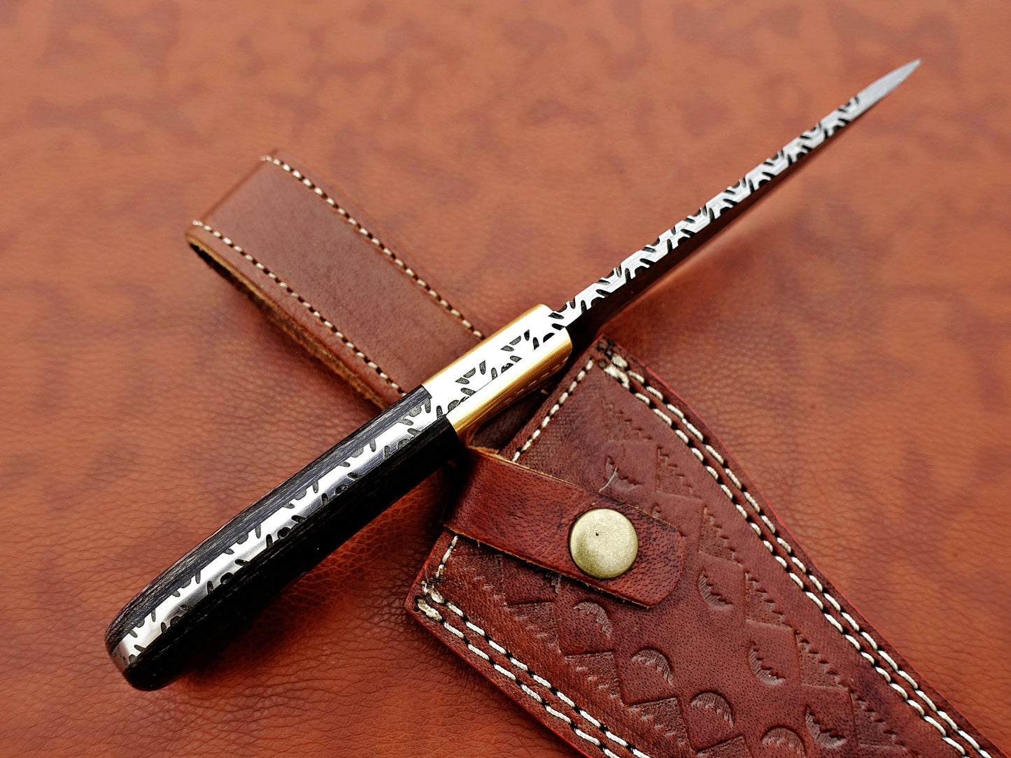 Damascus steel Rain drop pattern straight back blade 9.5" skinning knife, 5" full tang, Available in 4 colors, includes Cow hide Leather sheath