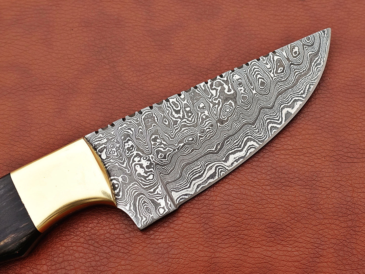 Damascus steel Rain drop pattern straight back blade 9.5" skinning knife, 5" full tang, Available in 4 colors, includes Cow hide Leather sheath