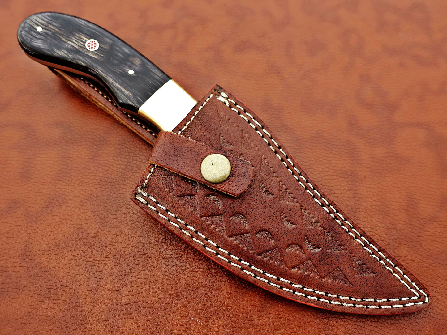Damascus steel Rain drop pattern straight back blade 9.5" skinning knife, 5" full tang, Available in 4 colors, includes Cow hide Leather sheath