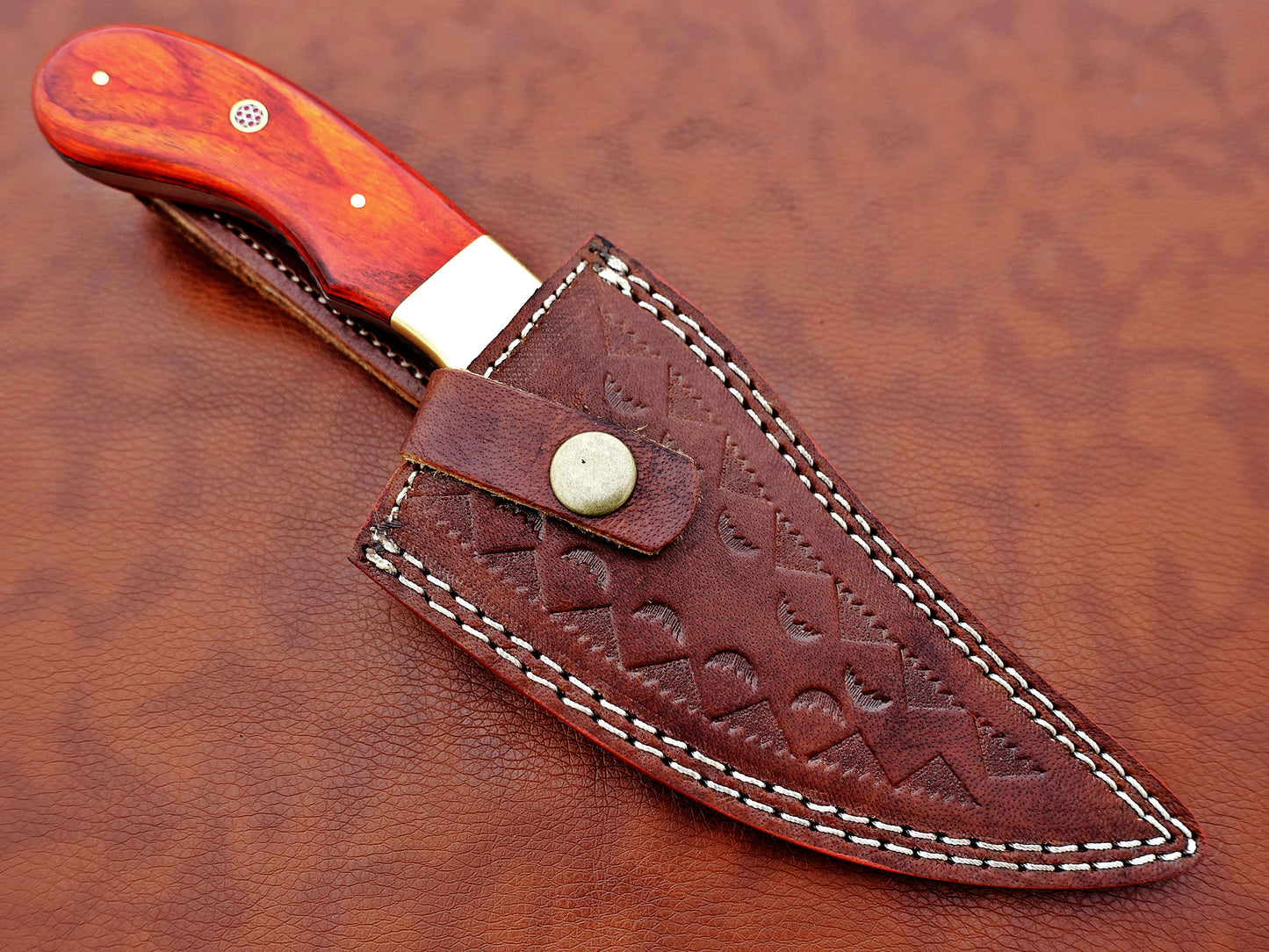 Damascus steel Rain drop pattern straight back blade 9.5" skinning knife, 5" full tang, Available in 4 colors, includes Cow hide Leather sheath
