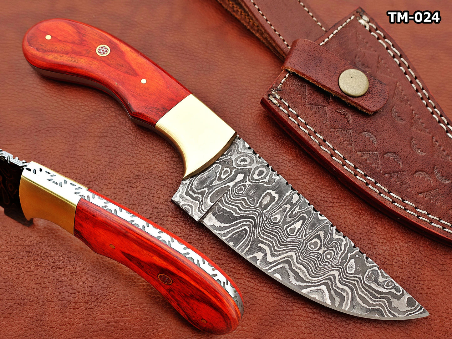 Damascus steel Rain drop pattern straight back blade 9.5" skinning knife, 5" full tang, Available in 4 colors, includes Cow hide Leather sheath