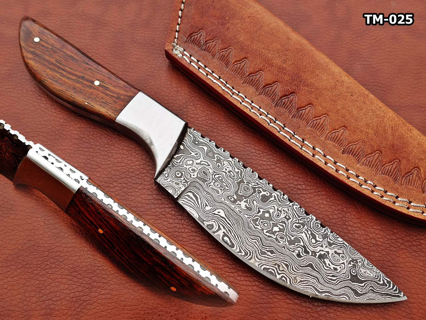 9.5" full tang Rain drop pattern skinning knife, 5" straight back Damascus steel blade, Available in 4 colors, includes Cow hide Leather sheath