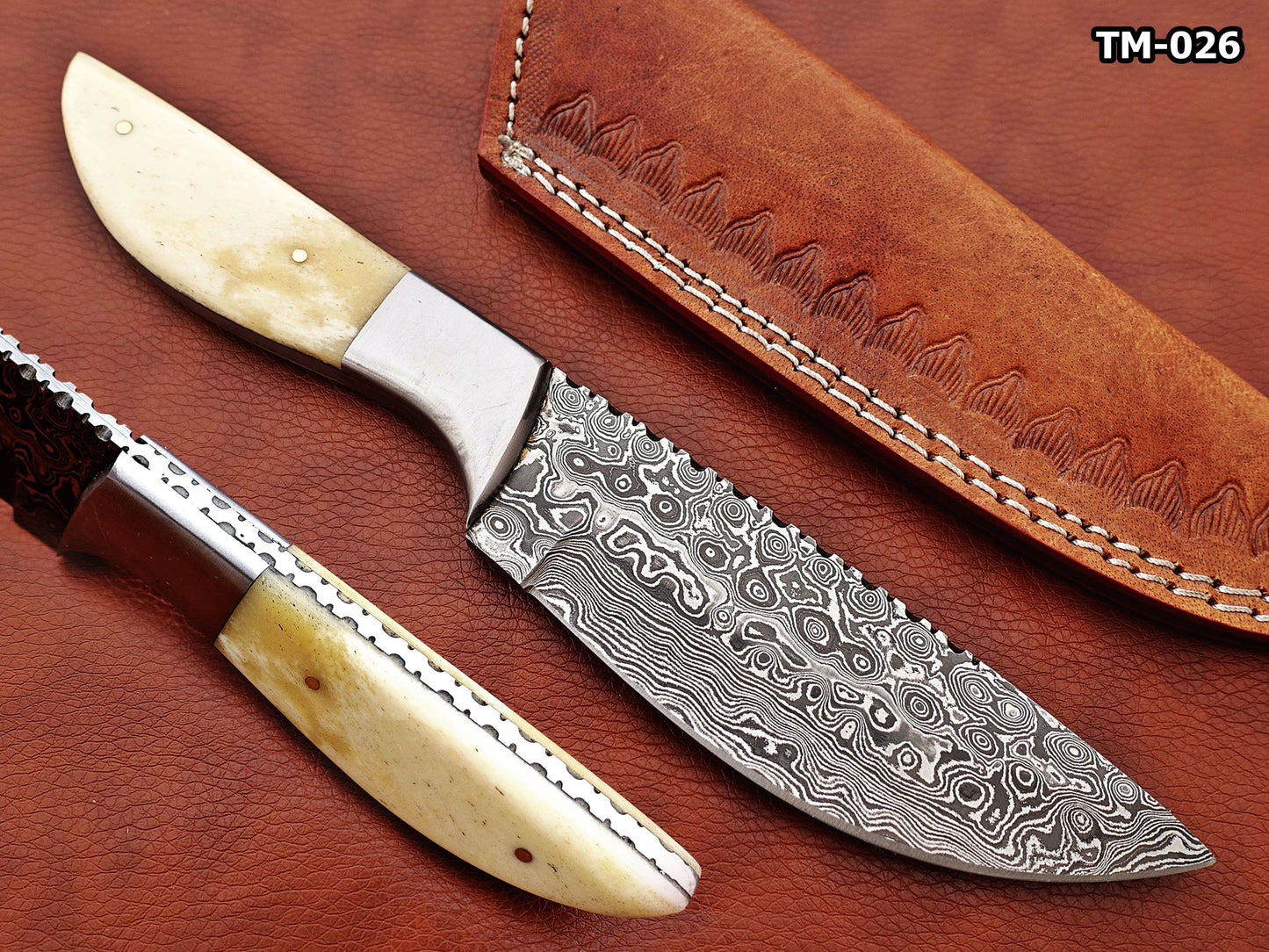 9.5" full tang Rain drop pattern skinning knife, 5" straight back Damascus steel blade, Available in 4 colors, includes Cow hide Leather sheath
