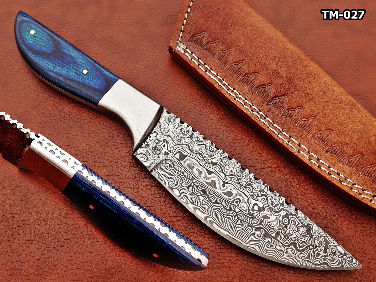 9.5" full tang Rain drop pattern skinning knife, 5" straight back Damascus steel blade, Available in 4 colors, includes Cow hide Leather sheath