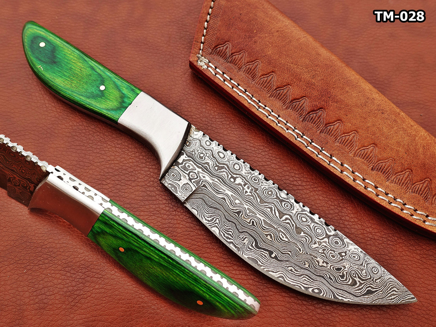9.5" full tang Rain drop pattern skinning knife, 5" straight back Damascus steel blade, Available in 4 colors, includes Cow hide Leather sheath