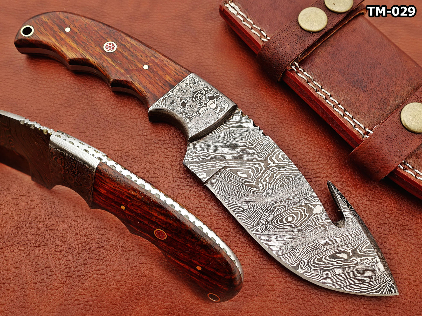 9.5" long Damascus steel Rain drop pattern Gut hook skinning knife, Full tang blade available in 4 colors, includes Cow hide Leather sheath