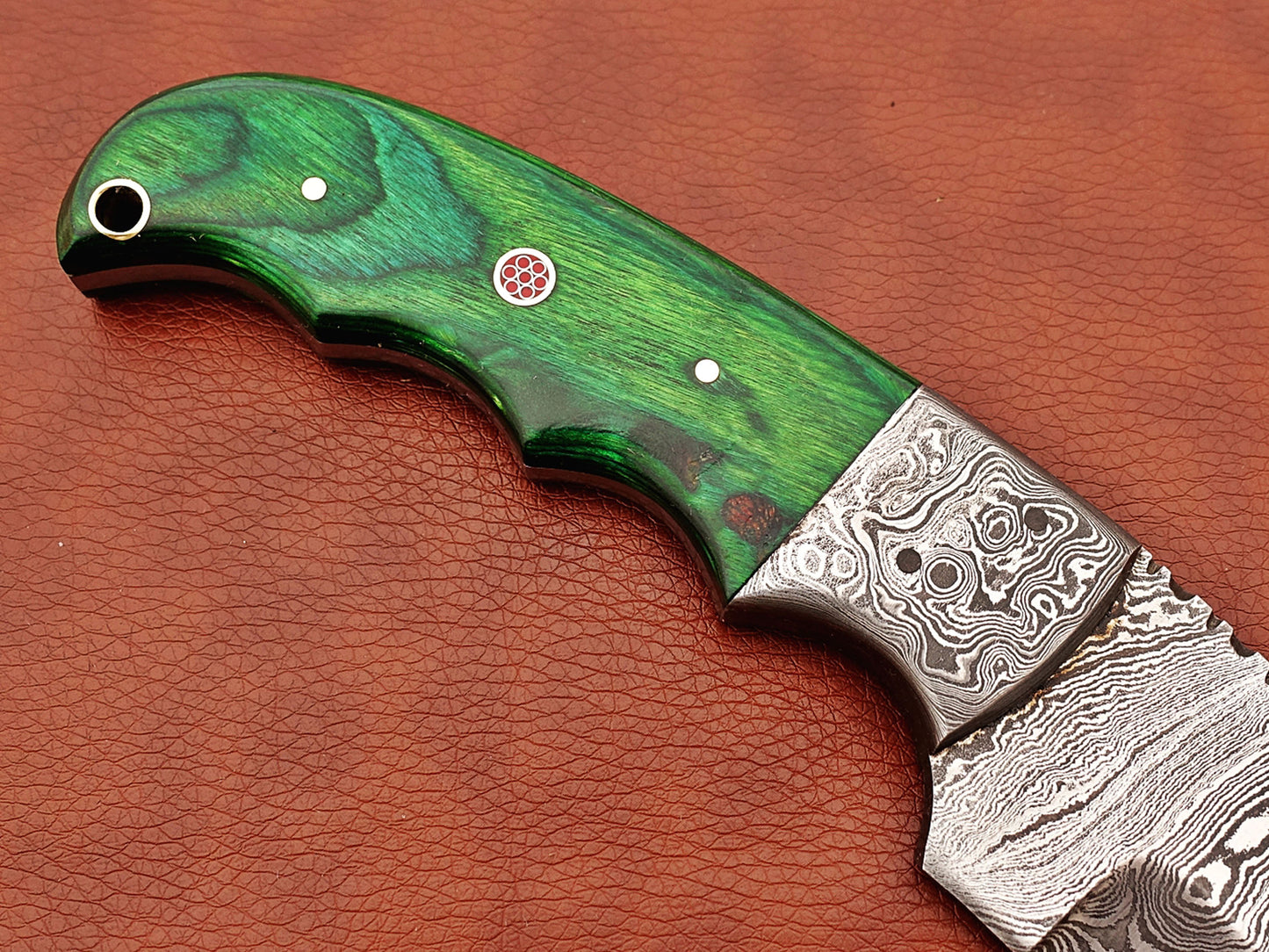 9.5" long Damascus steel Rain drop pattern Gut hook skinning knife, Full tang blade available in 4 colors, includes Cow hide Leather sheath