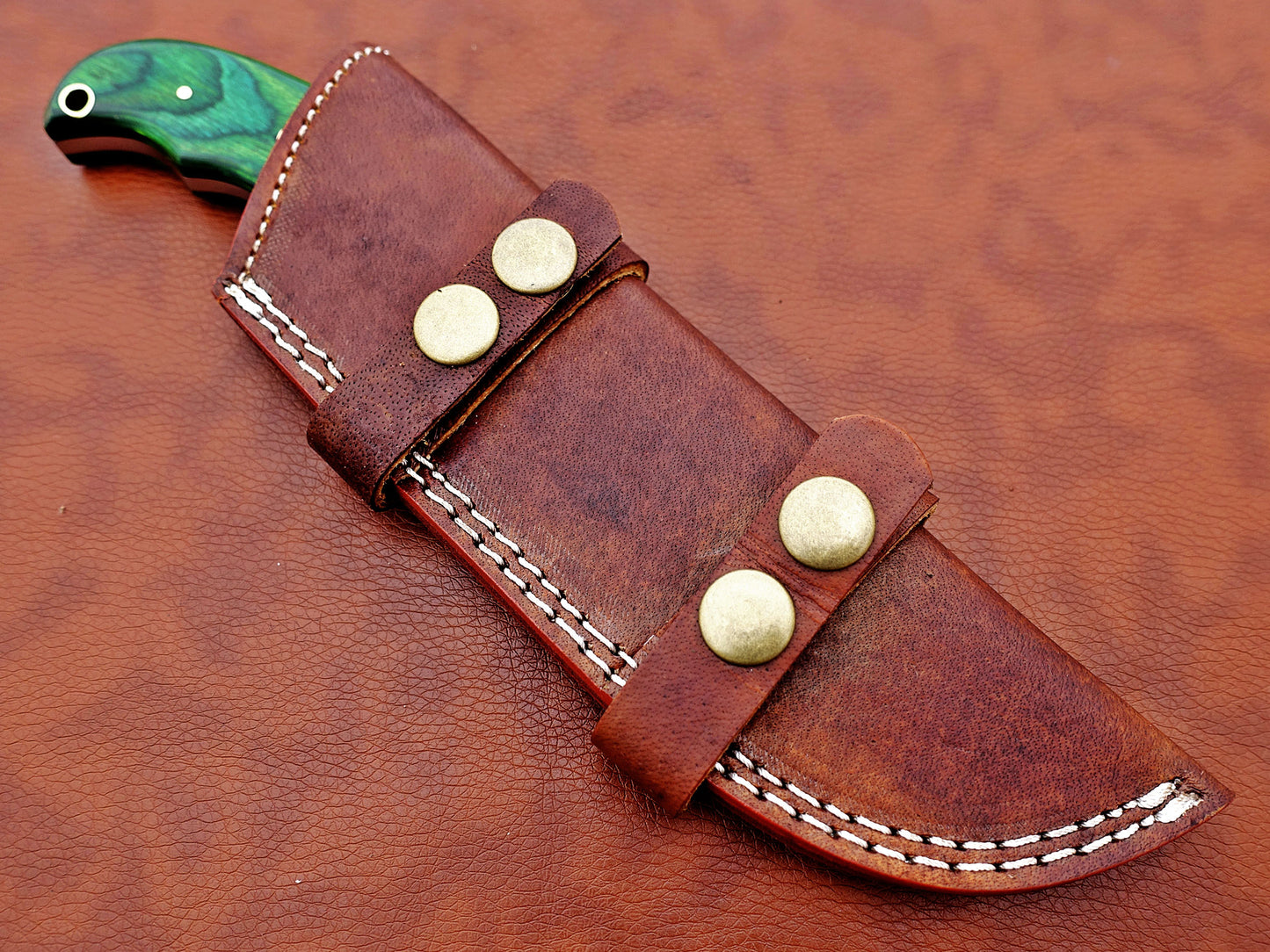 9.5" long Damascus steel Rain drop pattern Gut hook skinning knife, Full tang blade available in 4 colors, includes Cow hide Leather sheath