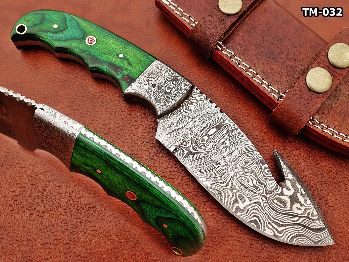 9.5" long Damascus steel Rain drop pattern Gut hook skinning knife, Full tang blade available in 4 colors, includes Cow hide Leather sheath