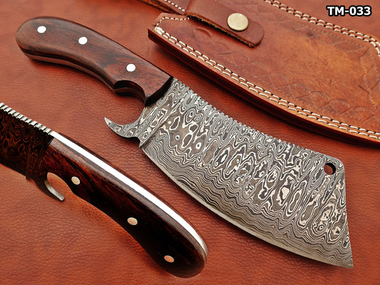 12" hand forged Damascus steel meat Cleaver, Walnut wood scale chopper knife, Leather sheath included