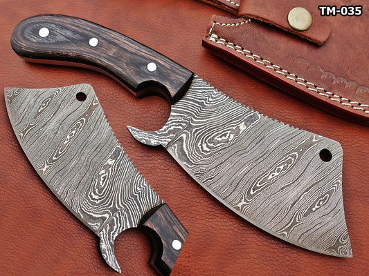 10" hand forged Twist Pattern Damascus steel meat Cleaver, 2 tone black Dollar wood scale chopper knife, Leather sheath included