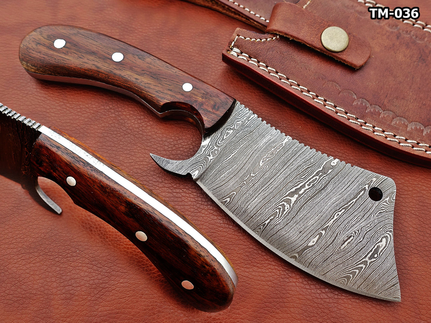10" hand forged Twist Pattern Damascus steel meat Cleaver, Natural Walnut wood scale chopper knife, Leather sheath included