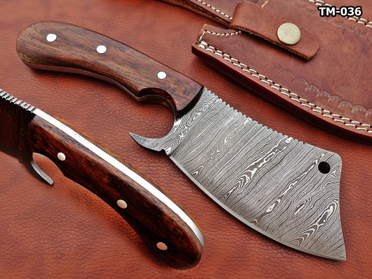 10" hand forged Twist Pattern Damascus steel meat Cleaver, Natural Walnut wood scale chopper knife, Leather sheath included