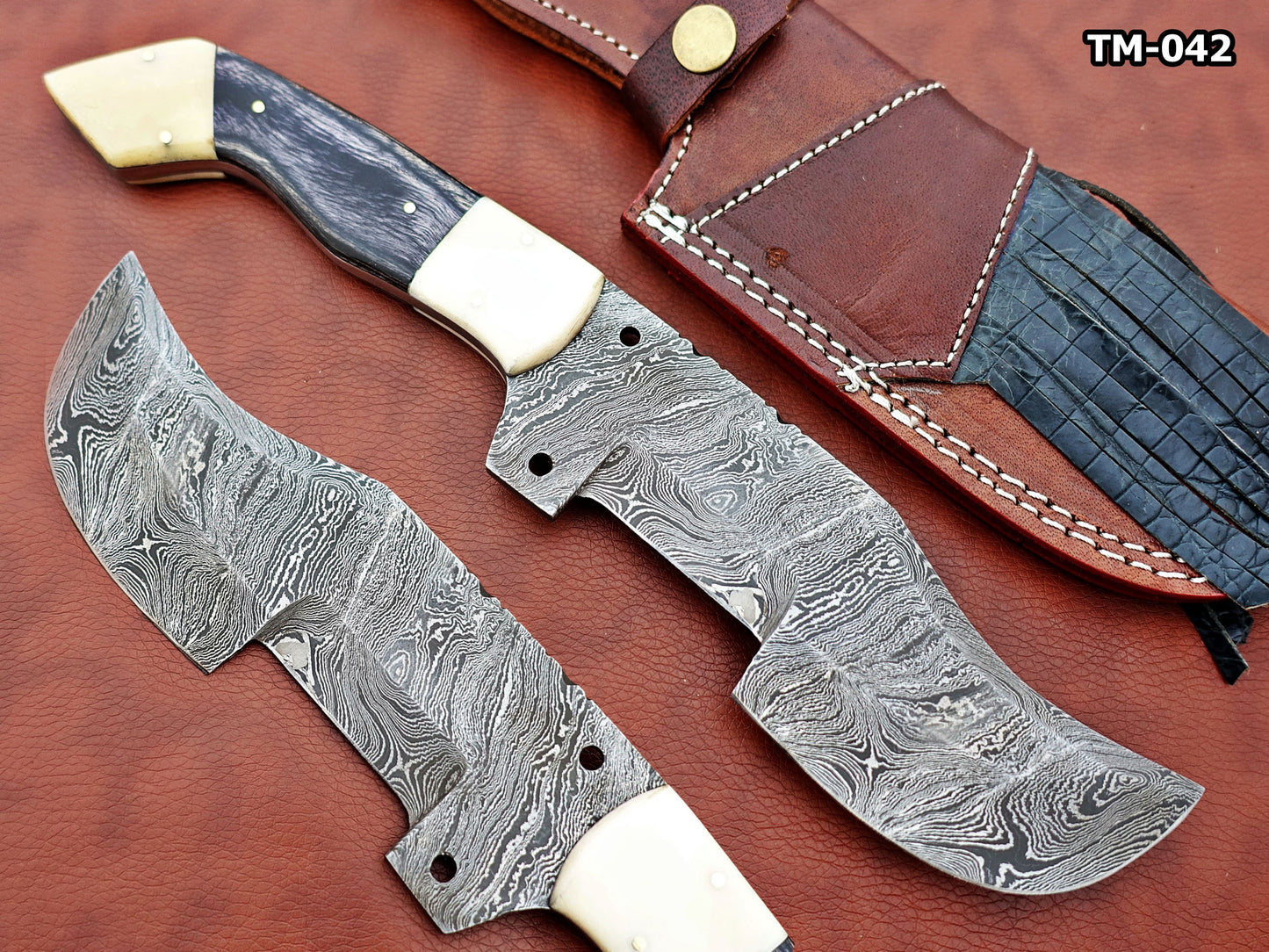 12" Long hand forged twist pattern full tang Damascus steel tracker knife, 2 tone dollar wood scale with Camel bone Bolster & pomel, Cow leather sheath