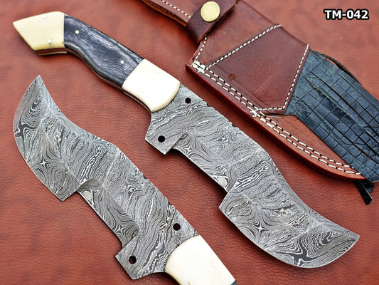 12" Long hand forged twist pattern full tang Damascus steel tracker knife, 2 tone dollar wood scale with Camel bone Bolster & pomel, Cow leather sheath