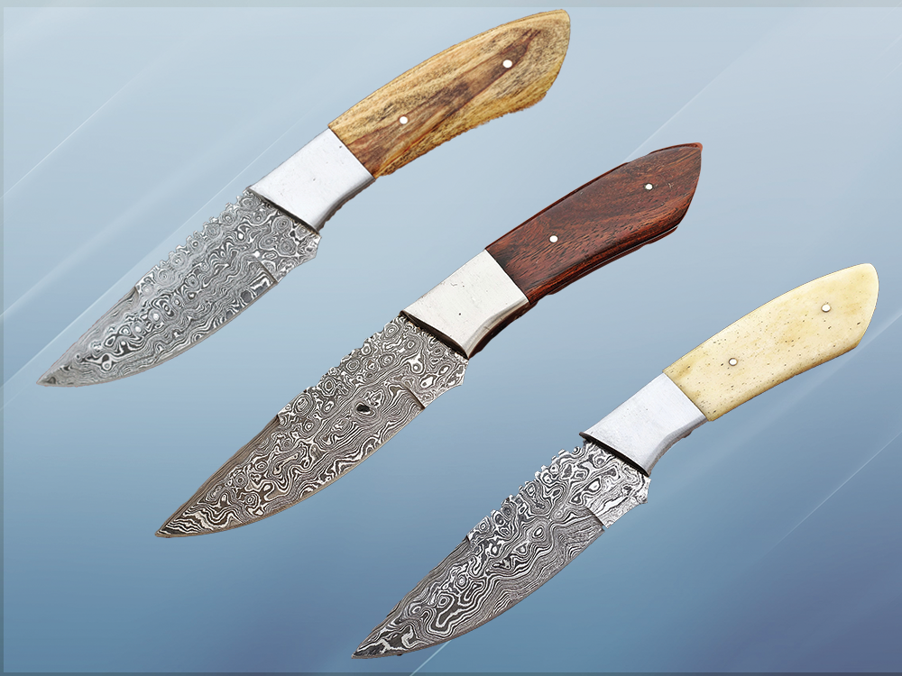 9.5" Rain drop pattern Damascus steel skinning knife, 5" full tang blade, Available in 3 colors, includes Cow hide Leather sheath