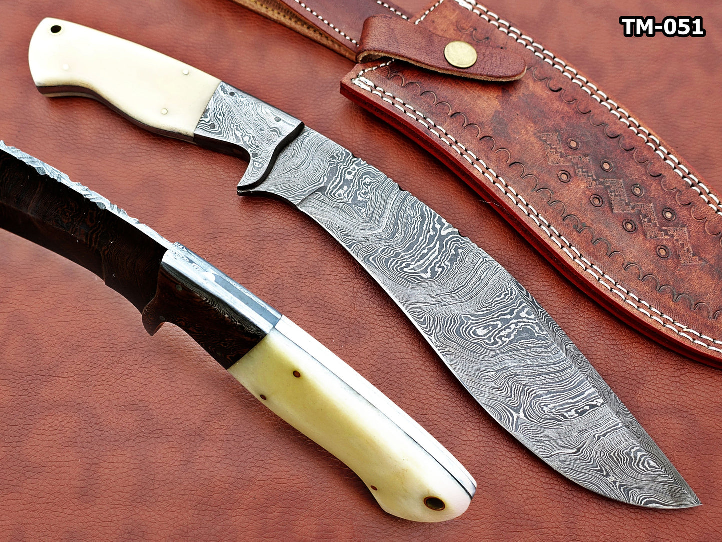 Damascus Steel Kukri Knife 14 Inches custom made Hand Forged With 9" long blade, Stag Antler scale, Cow Leather Sheath