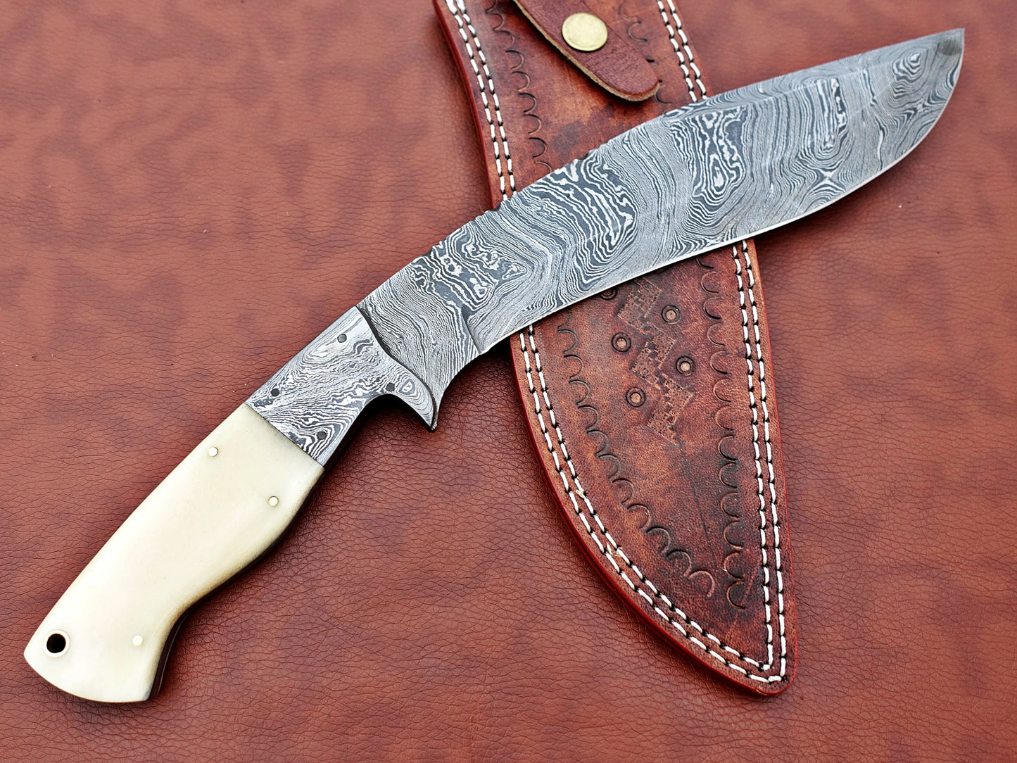Damascus Steel Kukri Knife 14 Inches custom made Hand Forged With 9" long blade, Stag Antler scale, Cow Leather Sheath