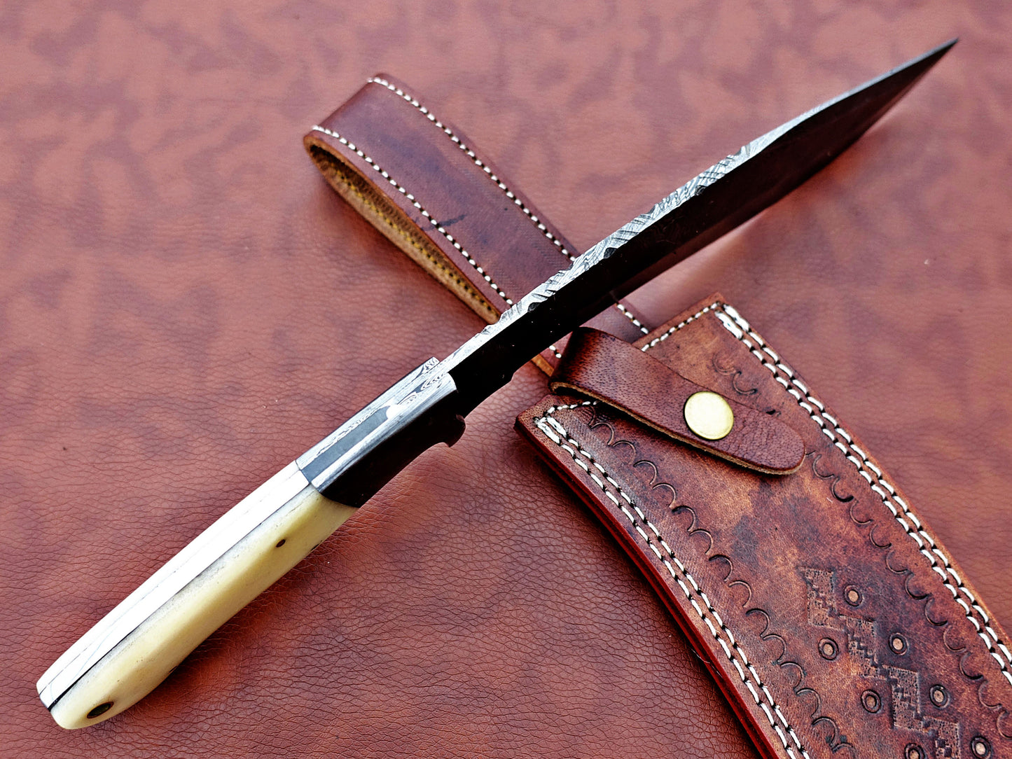 Damascus Steel Kukri Knife 14 Inches custom made Hand Forged With 9" long blade, Stag Antler scale, Cow Leather Sheath