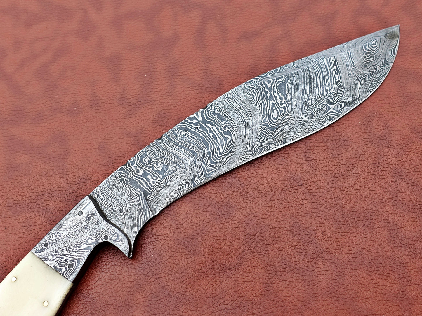 Damascus Steel Kukri Knife 14 Inches custom made Hand Forged With 9" long blade, Stag Antler scale, Cow Leather Sheath