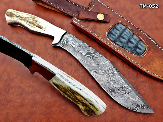 Damascus Steel Kukri Knife 14 Inches custom made Hand Forged With 9" long blade, Stag Antler scale, Cow Leather Sheath