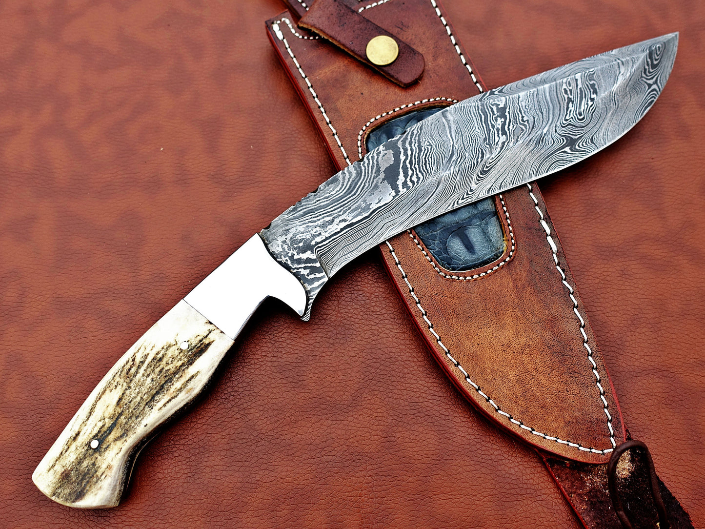 Damascus Steel Kukri Knife 14 Inches custom made Hand Forged With 9" long blade, Stag Antler scale, Cow Leather Sheath