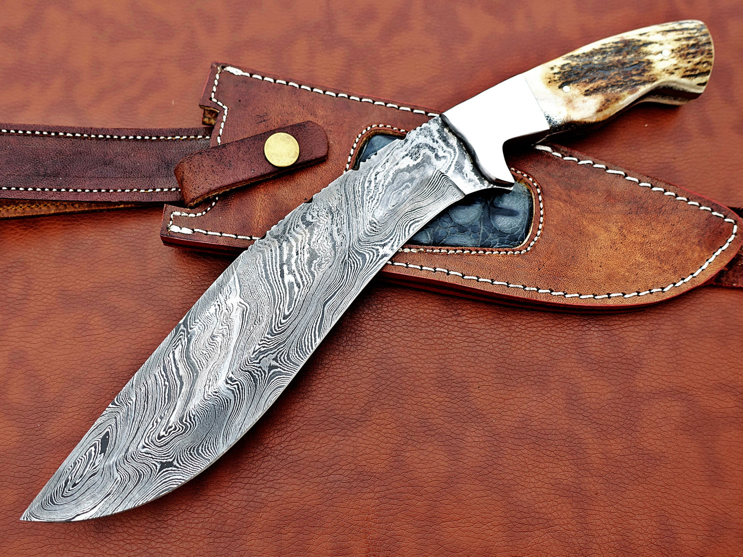 Damascus Steel Kukri Knife 14 Inches custom made Hand Forged With 9" long blade, Stag Antler scale, Cow Leather Sheath