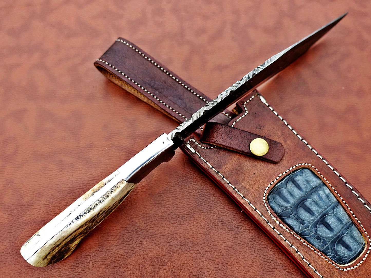 Damascus Steel Kukri Knife 14 Inches custom made Hand Forged With 9" long blade, Stag Antler scale, Cow Leather Sheath