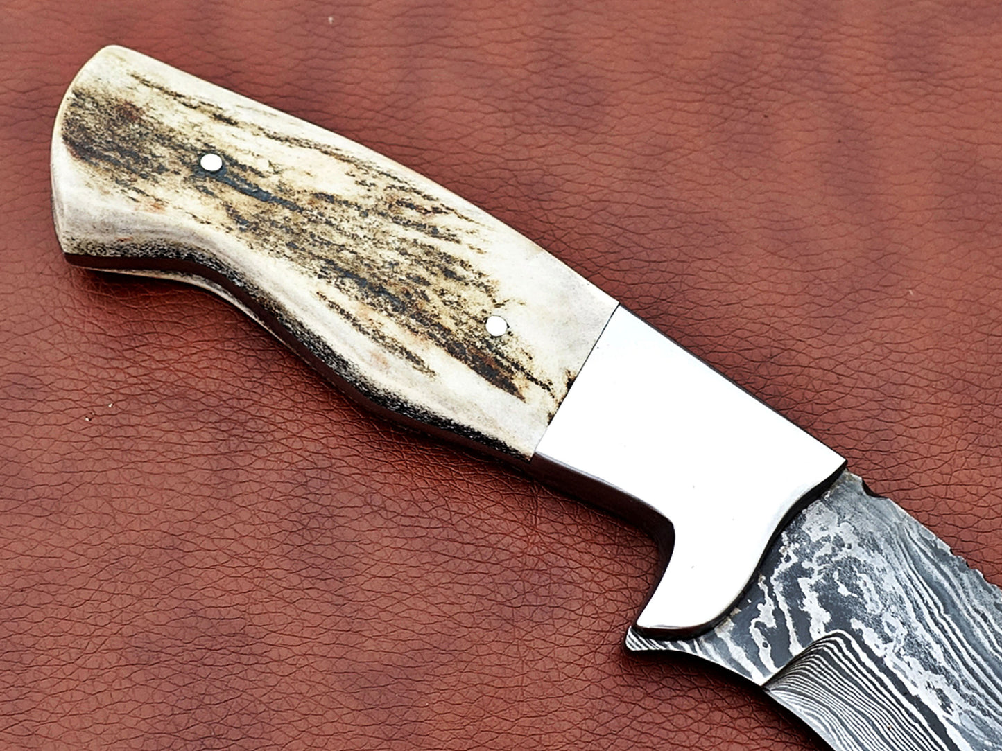 Damascus Steel Kukri Knife 14 Inches custom made Hand Forged With 9" long blade, Stag Antler scale, Cow Leather Sheath