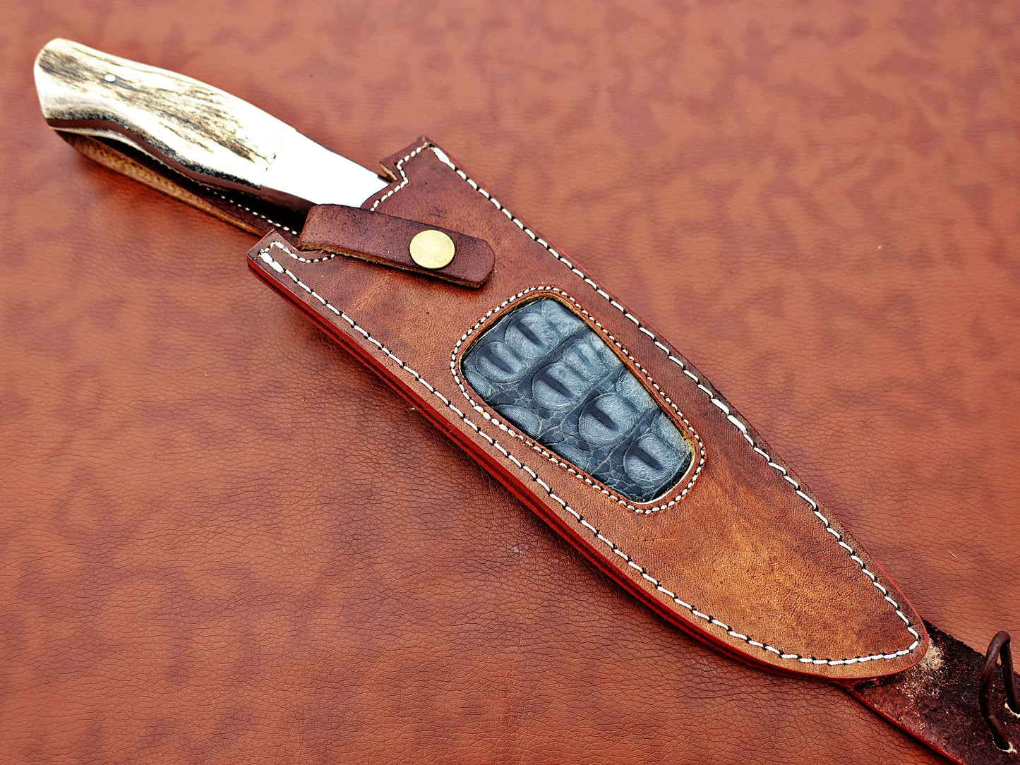 Damascus Steel Kukri Knife 14 Inches custom made Hand Forged With 9" long blade, Stag Antler scale, Cow Leather Sheath