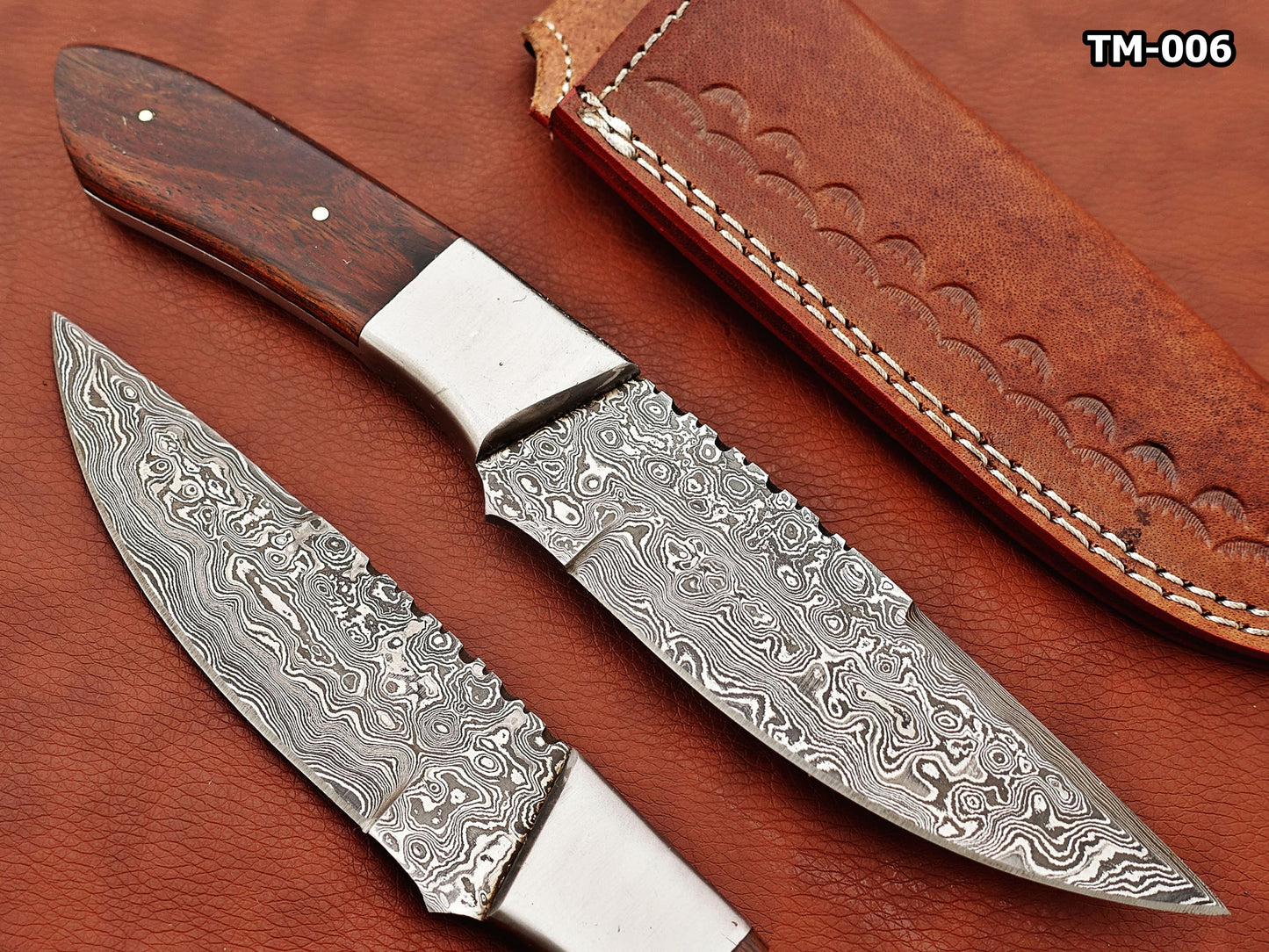 9.5" Rain drop pattern Damascus steel skinning knife, 5" full tang blade, Available in 3 colors, includes Cow hide Leather sheath
