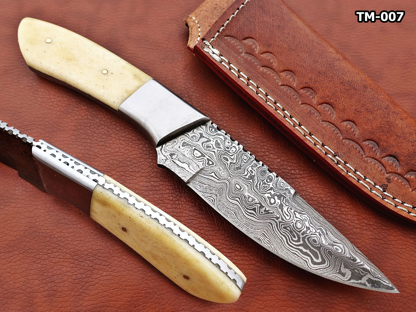 9.5" Rain drop pattern Damascus steel skinning knife, 5" full tang blade, Available in 3 colors, includes Cow hide Leather sheath