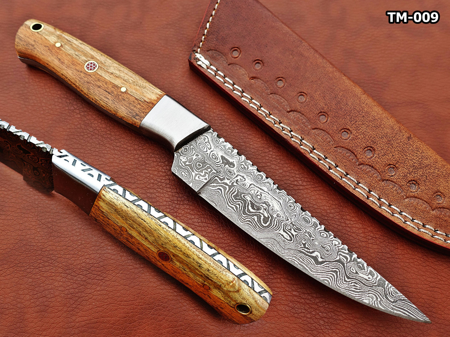 9.5" straight back blade skinning knife, 5" full tang Rain drop pattern Damascus steel blade, Available in 4 colors, includes Cow hide Leather sheath