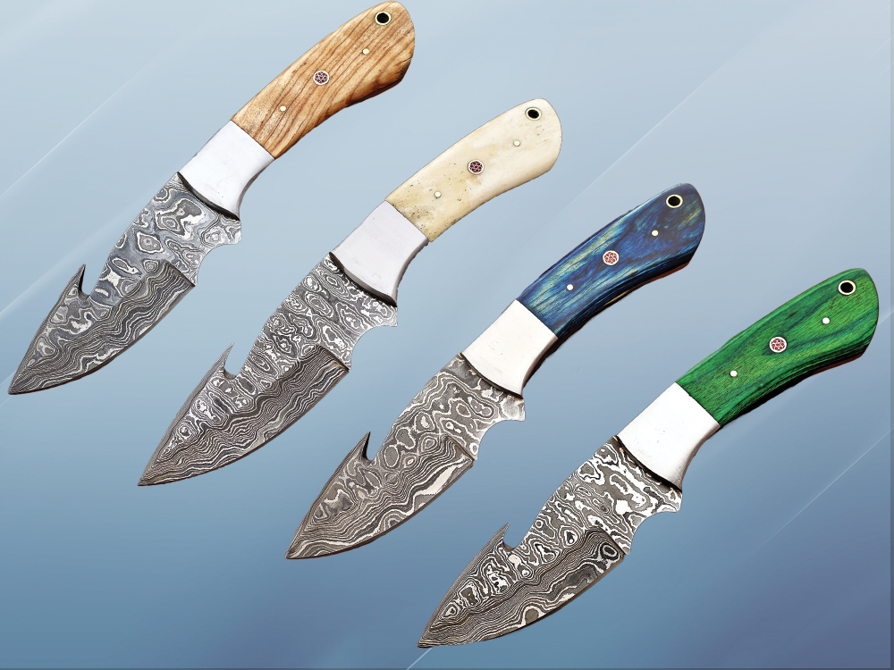 9.5" long Damascus steel Gut hook skinning knife, Full tang Rain drop pattern blade, available in 4 colors, includes Cow hide Leather sheath