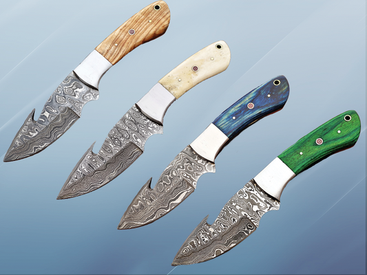 9.5" long Damascus steel Gut hook skinning knife, Full tang Rain drop pattern blade, available in 4 colors, includes Cow hide Leather sheath