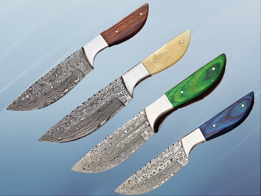 9.5" full tang Rain drop pattern skinning knife, 5" straight back Damascus steel blade, Available in 4 colors,  includes Cow hide Leather sheath