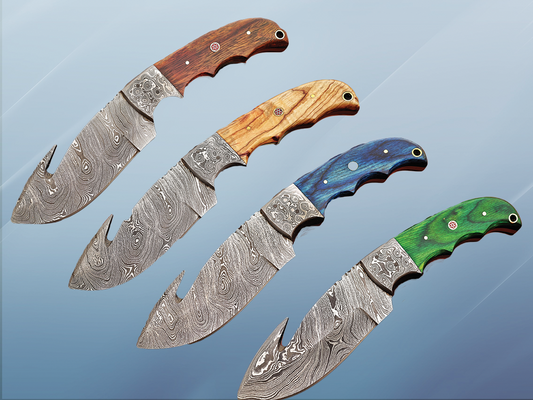 9.5" long Damascus steel Rain drop pattern Gut hook skinning knife, Full tang blade available in 4 colors, includes Cow hide Leather sheath