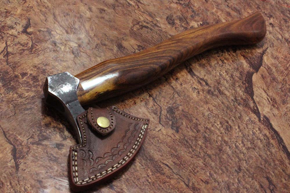 14 Inches long Hand Forged high carbon steel Log splitter Axe with Rose wood round handle, thick Cow hide Leather sheath