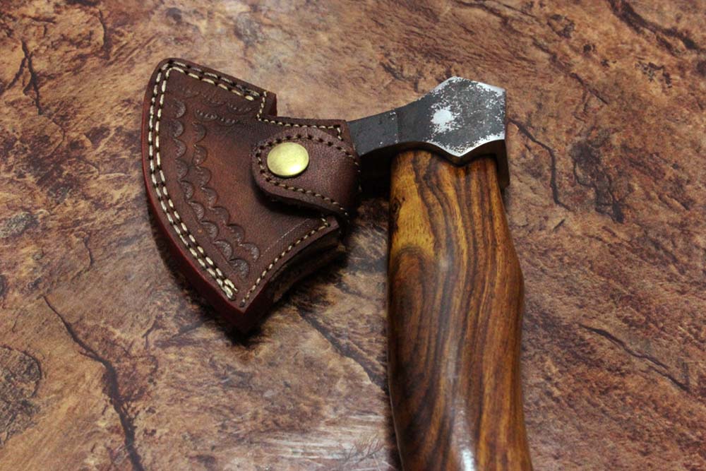 14 Inches long Hand Forged high carbon steel Log splitter Axe with Rose wood round handle, thick Cow hide Leather sheath