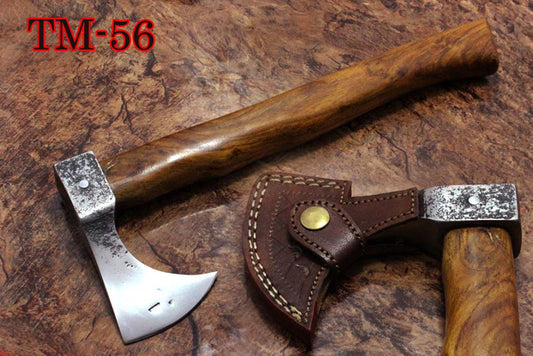 14 Inches long Hand Forged high carbon steel Voyager Axe with Rose wood round handle, thick Cow hide Leather sheath