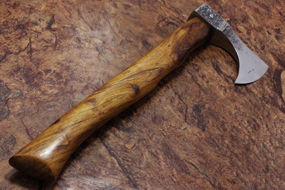 14 Inches long Hand Forged high carbon steel Voyager Axe with Rose wood round handle, thick Cow hide Leather sheath